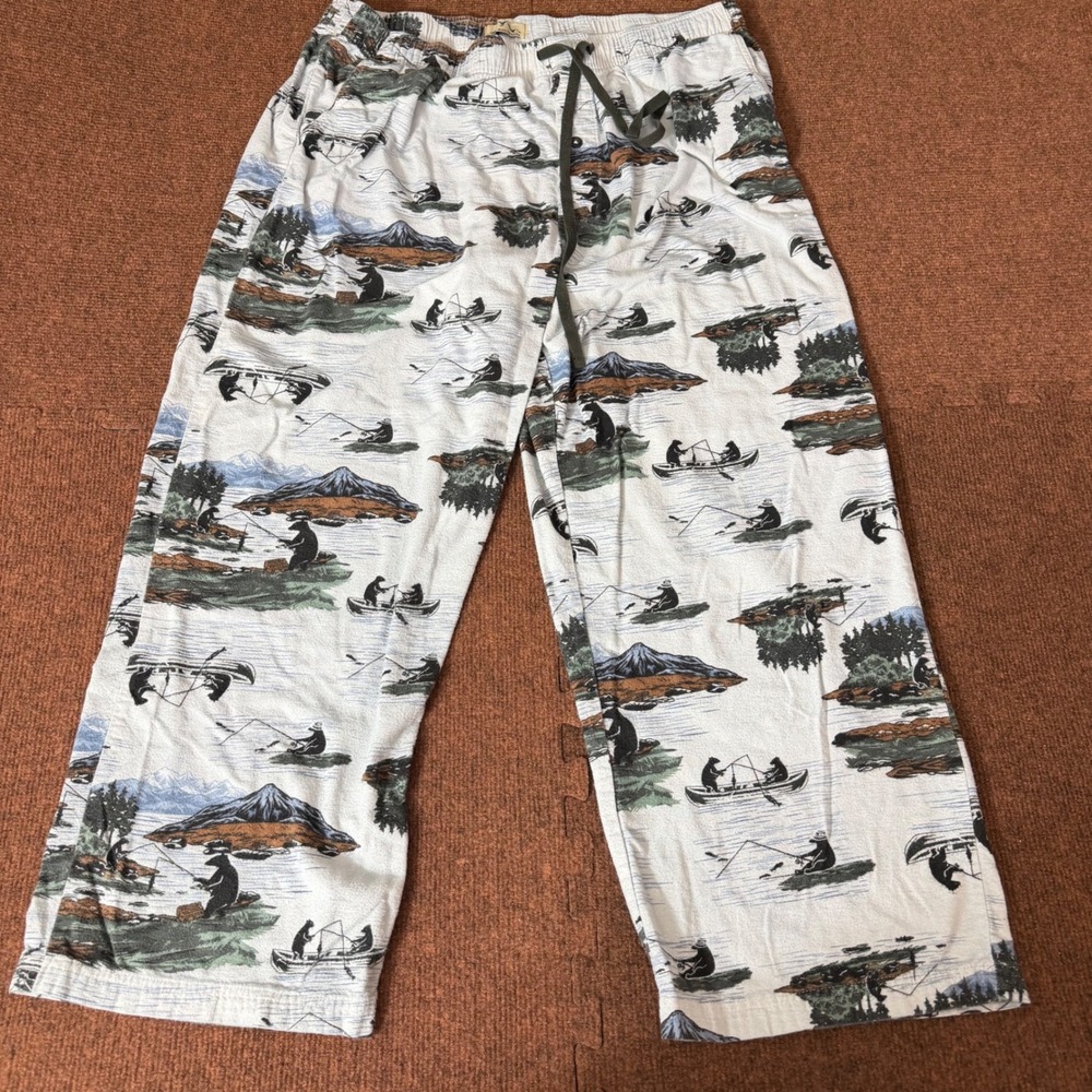 Blue Mountain Mens Pajama Pants Fishing Bears Canoe Mountain Print Lounge White
